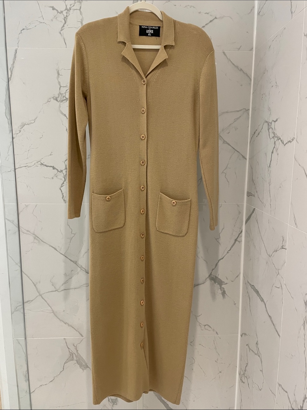 Vintage Nina Charles for Kasper ASL Camel Long Button-Front Knit Dress/Cardigan